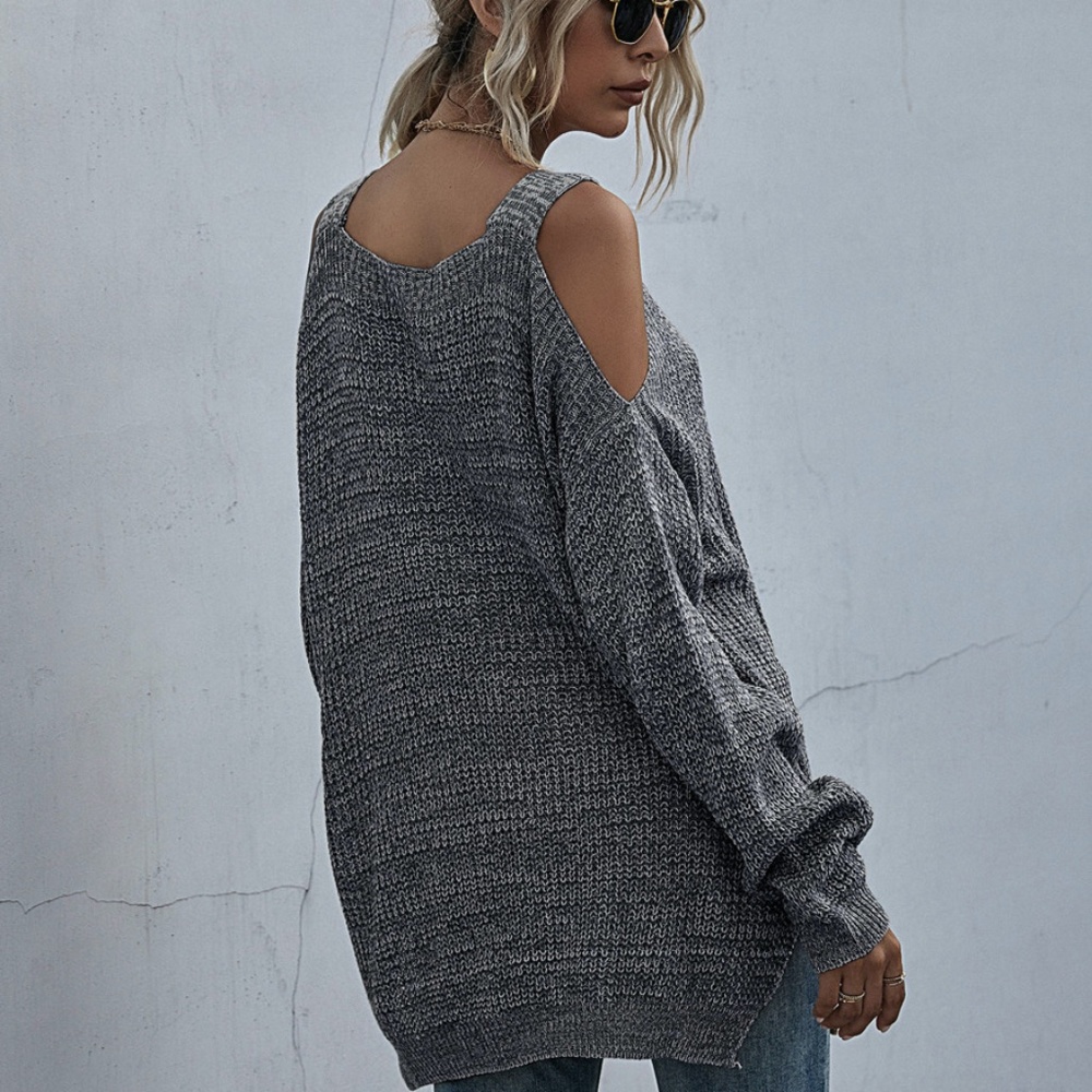 charcoal oversized cold shoulder knit fall sweater - Picture 3 of 11